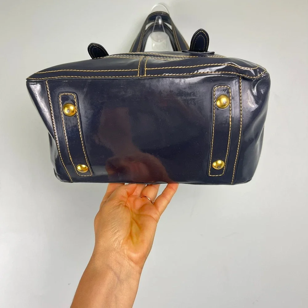 Maxx NY Gray Patent Satchel Handbag Bowler Bag Gold Buckle 90s Y2k Indie Sleaze